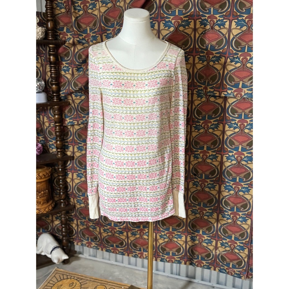 Aerie Thermal Long Sleeve Top Pink White Fair Isle Pattern Knit‎